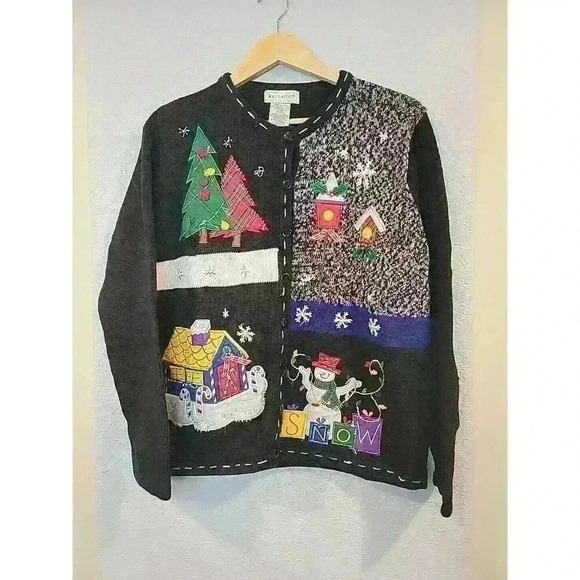 Christmas Cardigan Womens XL Black Knit Button Snowman Tree Plaid Beads Flaw - Picture 1 of 7